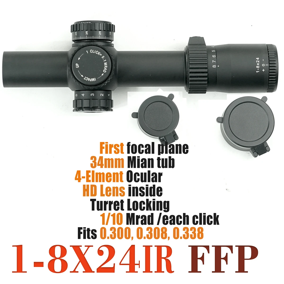 SKWoptics 1-8x24 FFP 34 mm Montaje de alcance, Primer alcance de rifle de caza en avión focal, mira óptica AR15, 0,1 MIL - imagen 4