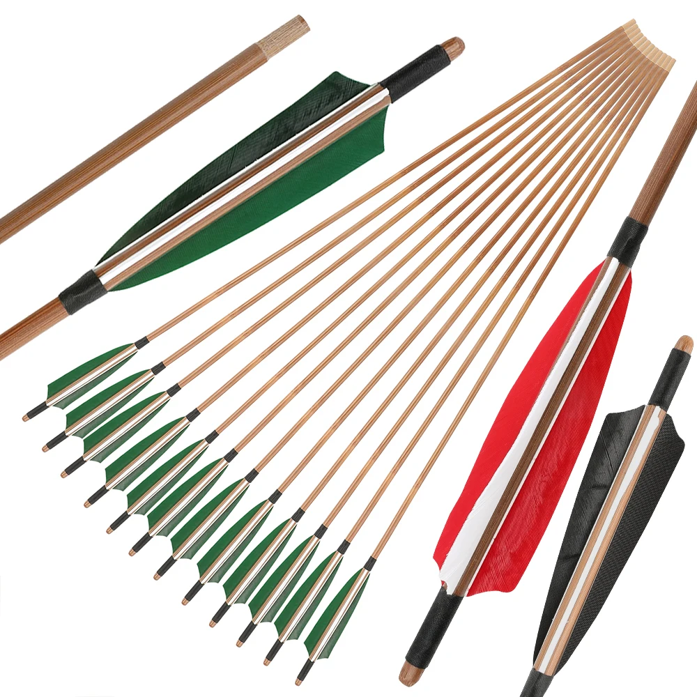 6/12 Uds 83cm eje de flecha de bambú OD 8mm plumas de pavo naturales arco tradicional tiro con arco recurvo arco largo práctica flechas de caza - imagen 2