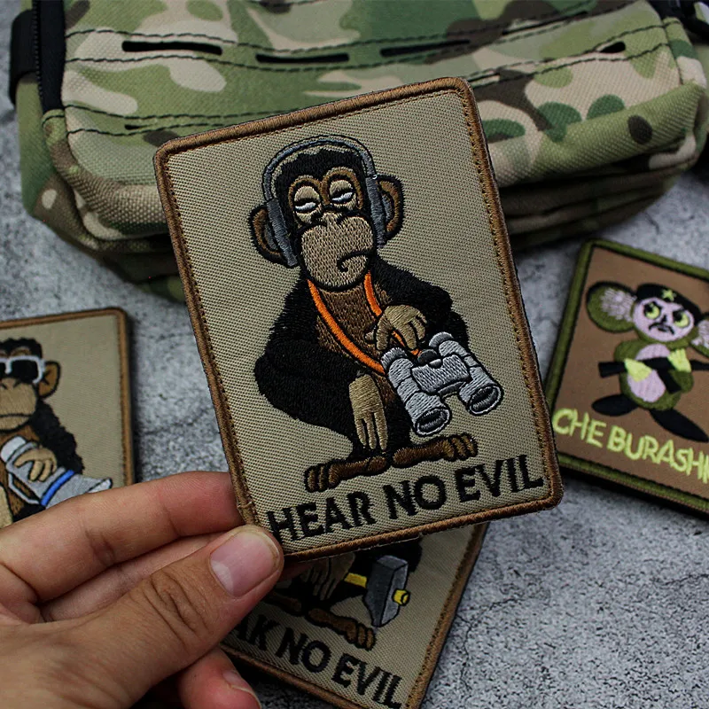 Aamband-etiqueta de mochila con bordado 3D, parche personalizado, diseño creativo, moral táctica, Mono, no se ve, no se escucha, no habla, brazalete - imagen 3