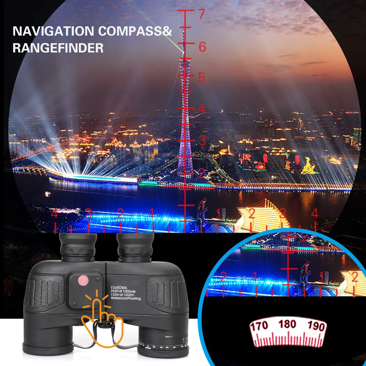 Binoculares marinos 10x50 con brújula telémetro para adultos lente FMC impermeable a prueba de niebla binoculares de visión con poca luz para navegación - imagen 5