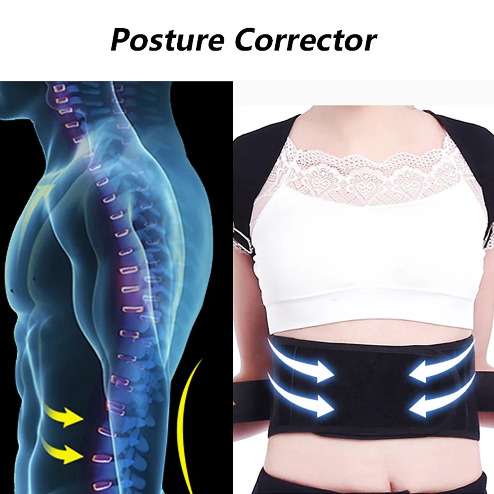 Corrector de postura de cintura trasera, cinturón corrector ajustable para adultos, entrenador de cintura, soporte Lumbar para hombro, cinturón de soporte de columna vertebral, chaleco negro - imagen 4