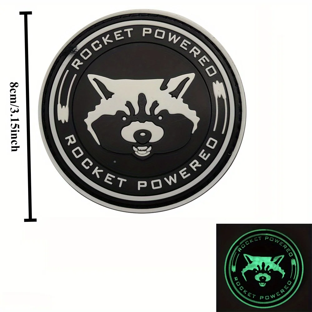 Insignia de moral alimentada por cohete de dibujos animados, parche de PVC, cabeza de mapache luminosa táctica, gancho militar y bucle, mochila, sombrero, accesorios, pegatina - imagen 3