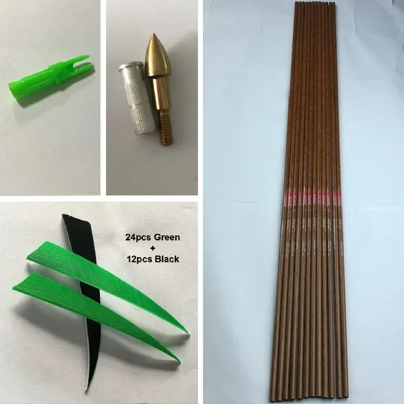12 Uds. Ejes de flecha de carbono puro piel de madera Spine600 32 pulgadas 5 pulgadas pluma de pavo 75gr puntas compuesto arco tradicional tiro - imagen 5