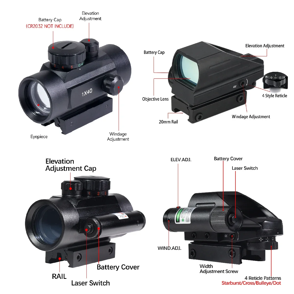 Mira táctica de punto rojo 1X40 con combinación láser, mira telescópica para caza al aire libre, mira réflex óptica, colimador de puntos rojos/verdes - imagen 4