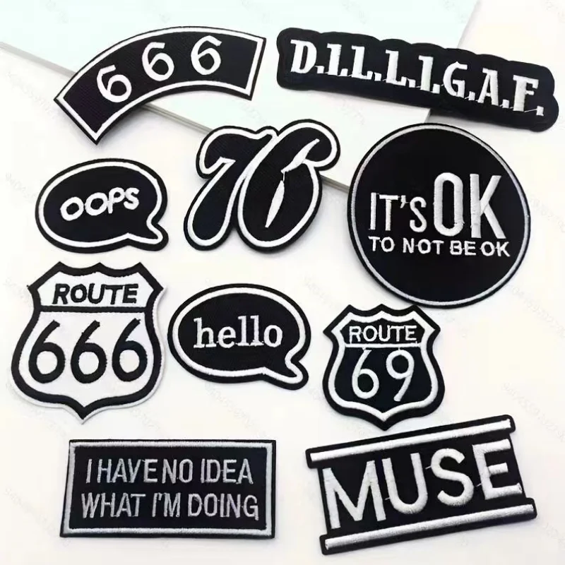 Parche de ropa con letras Punk en blanco y negro, pegatinas bordadas de dígitos para planchar, apliques de insignia DIY para chaqueta de ropa, 10 piezas por lote