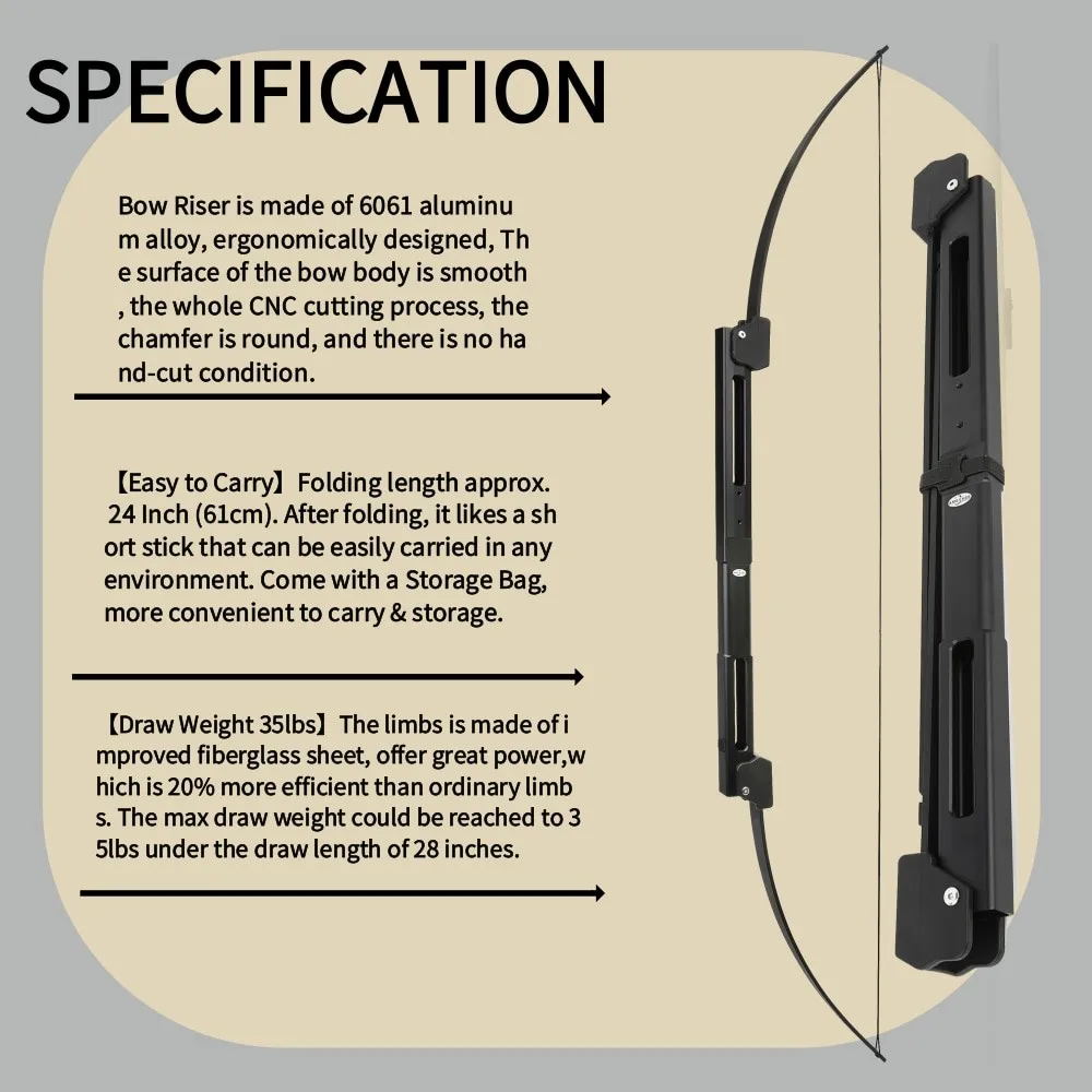 Arco largo recto plegable de 58 ", aluminio CNC, 35 libras, arco portátil, mano izquierda/derecha para accesorios de práctica de objetivo de caza - imagen 3