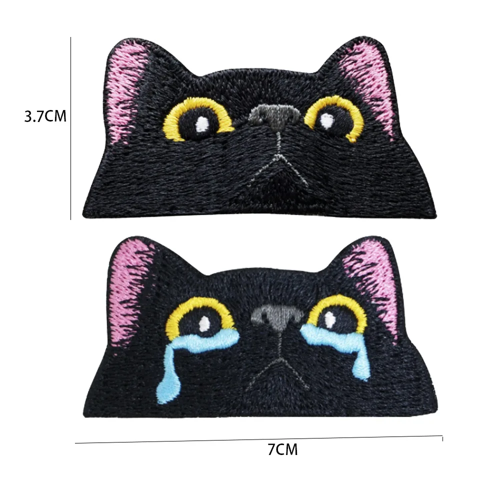Parche de Cry Cat con cierre de gancho y bucle, insignia divertida, parches de cara de gato negro para ropa, lindo emblema bordado DIY en pegatinas de mochila - imagen 2