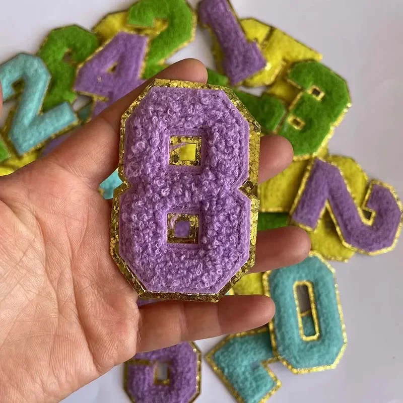 Parches bordados con números de chenilla para planchar, insignias de tela para uniforme de Jersey, Amarillo, Azul, Morado, verde, 0-9 - imagen 5