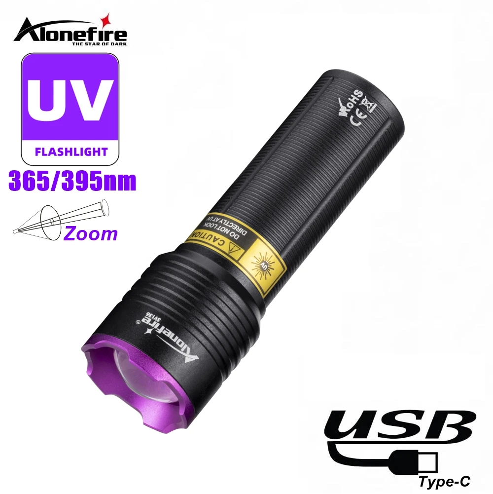 Linterna UV con Zoom de 395/365nm, recargable por USB, luz ultravioleta, curado, mineral, dinero, orina de mascota, tiña, marcador de escorpión, lámpara fluorescente