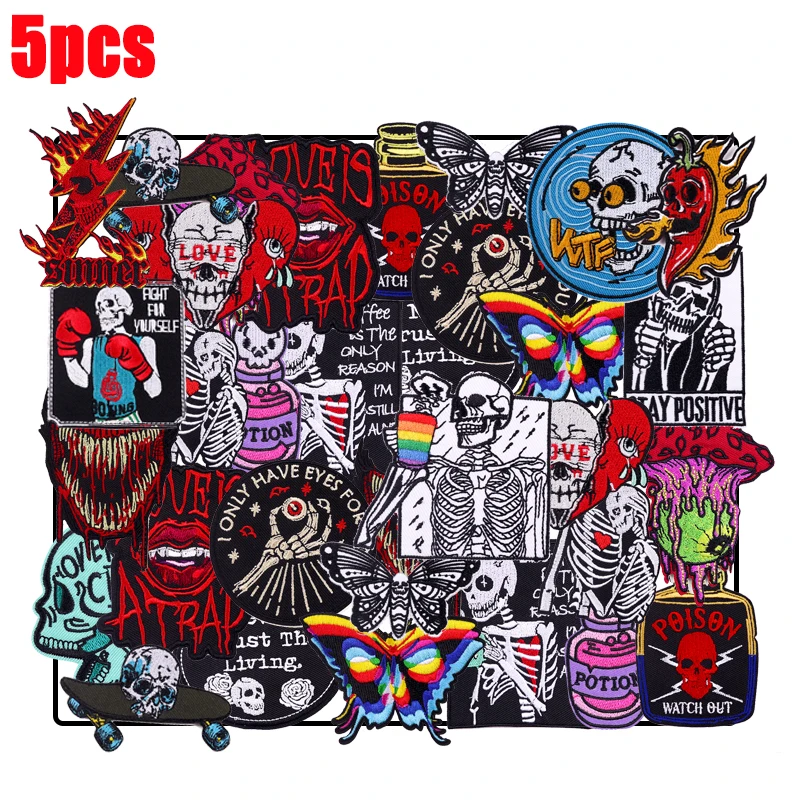 Parche Punk de alta calidad al azar, insignias bordadas para coser, parches para planchar para ropa, pegatinas con parche de calavera de terror, 5/10/15 Uds. - imagen 4