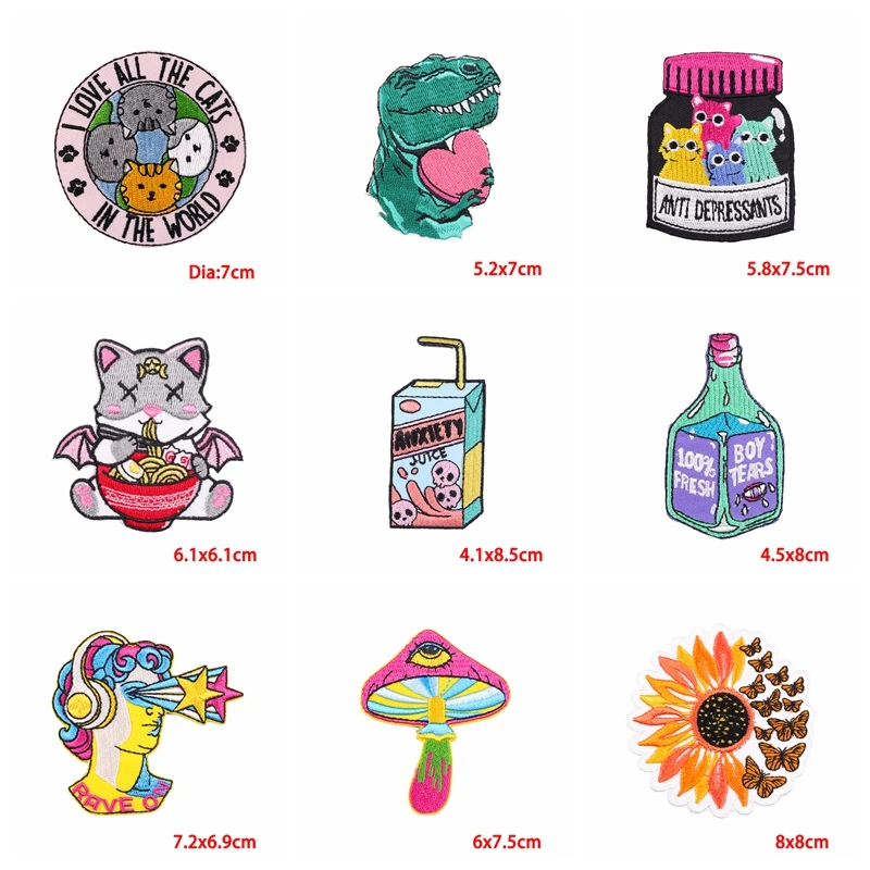 Parche de dibujos animados para ropa, bordado de animales, gatos, dinosaurios, Punk, pegatina para coser, 10 unidades por lote - imagen 4