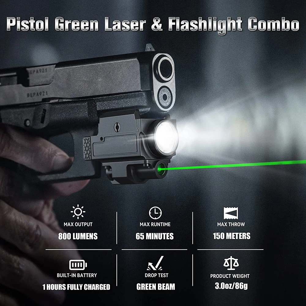 Luz de arma de 800 lúmenes, mira láser roja y verde, luz de pistola, punto rojo y verde, Combo de mira, linterna recargable para Picatinny - imagen 2