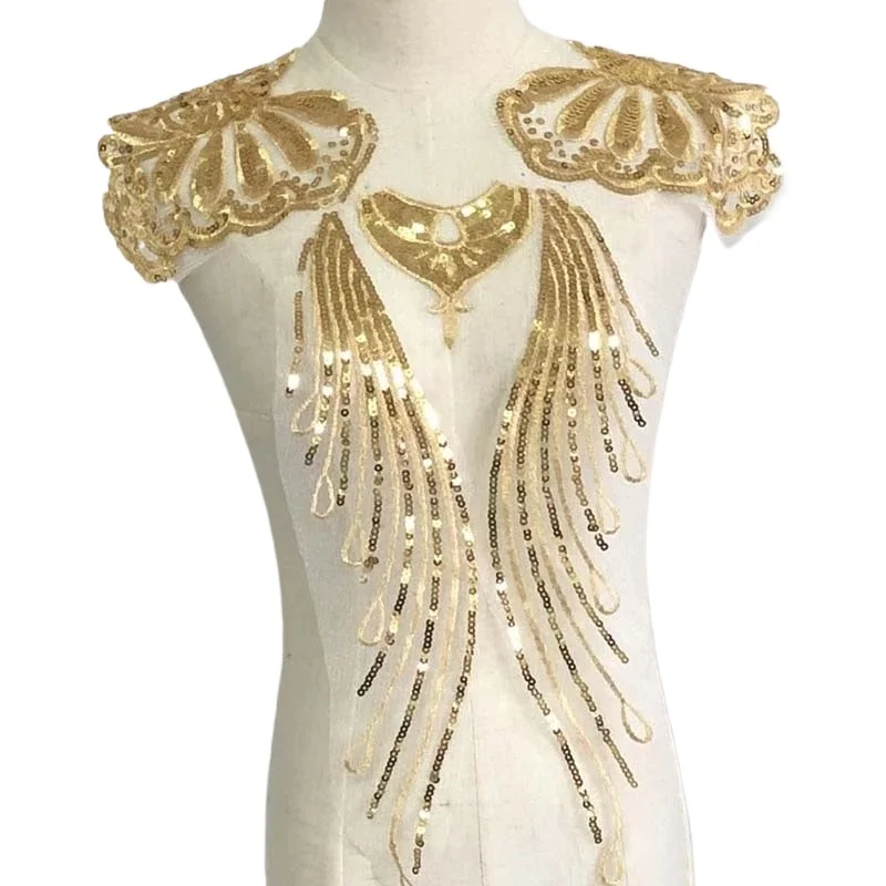Parche de costura de tela de encaje de lentejuelas doradas y plateadas, apliques de cuello de corpiño, bordado de flores, parches para coser para vestido de fiesta, vestido de novia - imagen 2