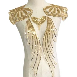 Parche de costura de tela de encaje de lentejuelas doradas y plateadas, apliques de cuello de corpiño, bordado de flores, parches para coser para vestido de fiesta, vestido de novia