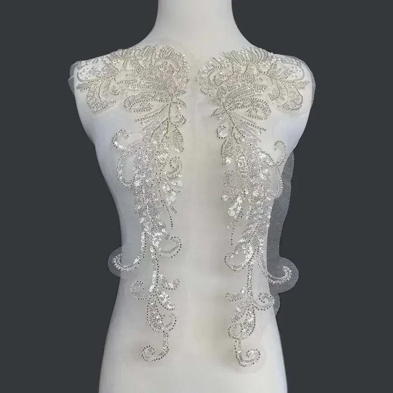 1 par/45*16CM flor blanca tubo de diamantes de imitación con cuentas lentejuelas bordado parche para coser, apliques de corpiño de encaje coser en parches para vestido - imagen 3