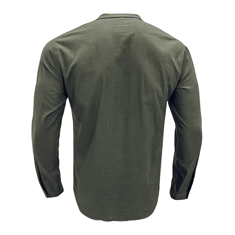 Camisa de lino y algodón para hombre, camisa de manga larga con cuello redondo, botón medio abierto, Top informal, holgado, Simple, primavera y otoño - imagen 5