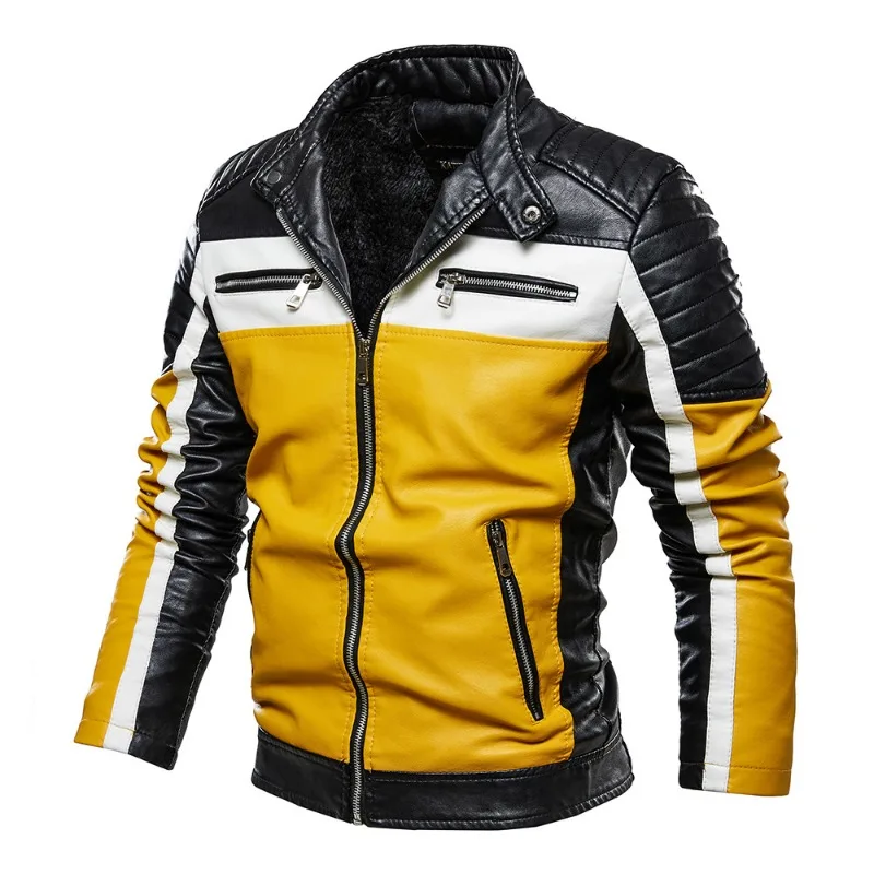 Chaqueta de cuero de motocicleta para hombre, cortavientos informal con cremallera, ajustado, forrado de piel, prendas de vestir para motorista al aire libre - imagen 3