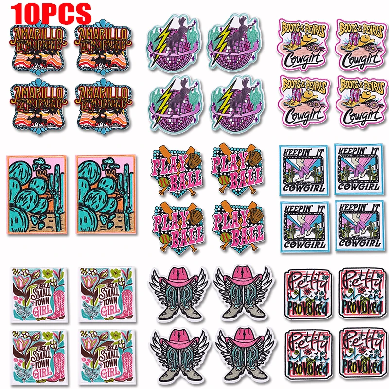 10 Uds. Parche bordado de vaquera occidental, parche de dibujos animados/letras, parches para planchar para ropa, sombreros DIY, chaquetas, insignias bordadas