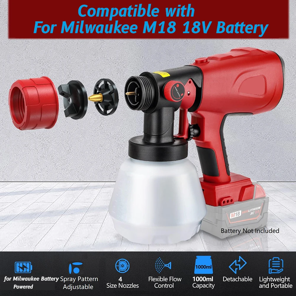 PISTOLA DE PULVERIZACIÓN eléctrica, pulverizador de pintura inalámbrico, aerógrafo con revestimiento de acero para muebles de automóvil, batería Milwaukee para el Interior del hogar - imagen 4