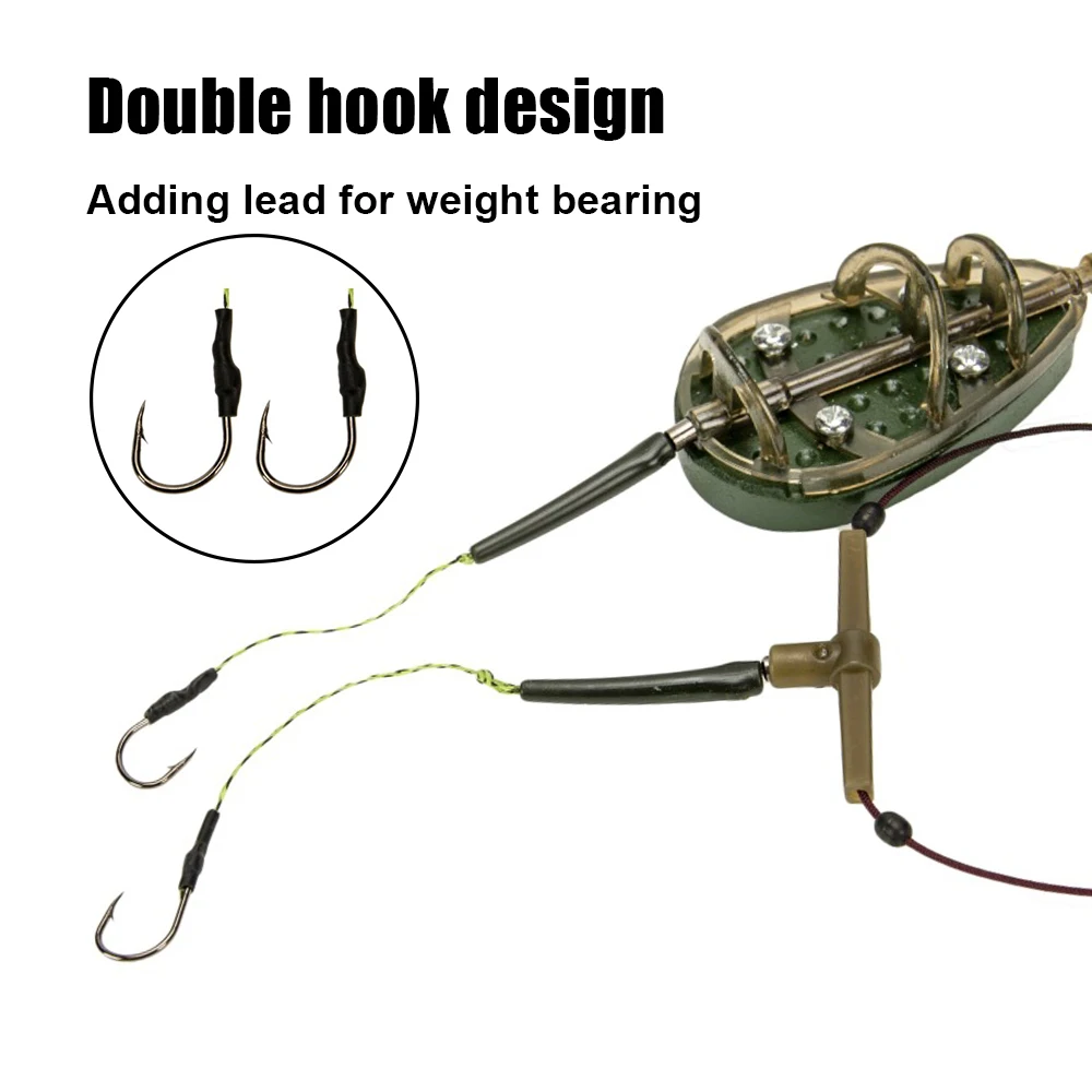 Aparejo de pesca de carpa, alimentador de doble gancho, anzuelo de sedal con jaula de cebo de plomo, aparejo inferior de carpa que se hunde, aparejos de pesca antienredos - imagen 3