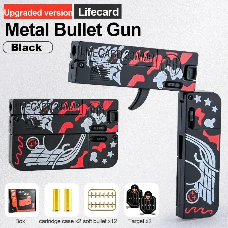 Nueva pistola de juguete plegable de Metal Lifecard mejorada para niños y adultos, pistola de juguete con balas suaves, modelo de tiro de aleación para adultos