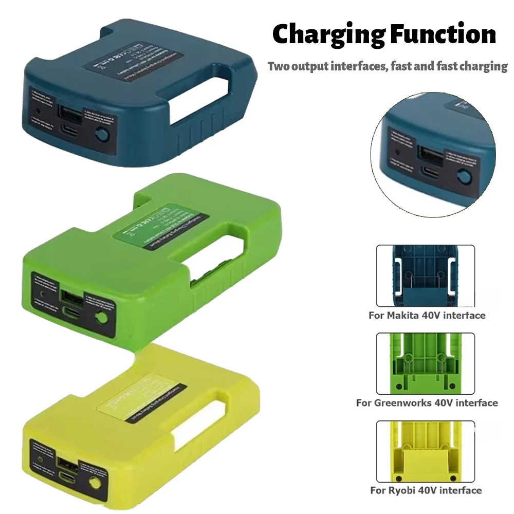Estante de carga rápida para batería de iones de litio Makita/Ryobi/Greenworks de 40V con puerto USB tipo C, adaptador de cargador portátil con hebilla de cinturón