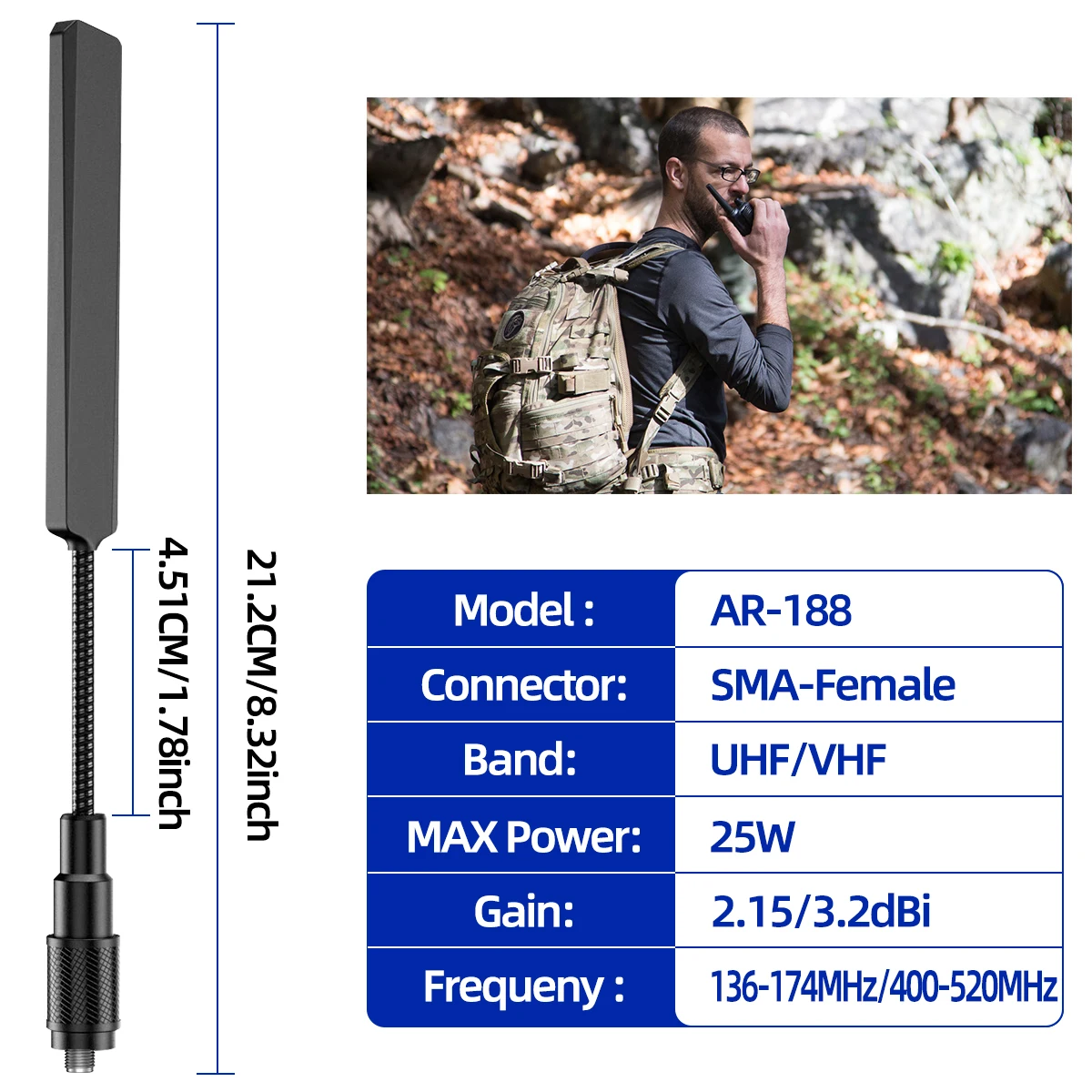 ABBREE AR-188 SMA antena hembra de doble banda 144/430MHz para Baofeng UV 5R 5RH 21 Pro Quansheng UV K5 K5(8) Walkie Talkie Ham Radio - imagen 3