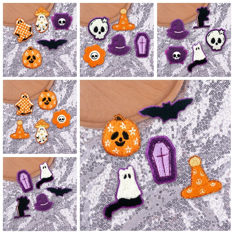 5 unids/set de insignias de Halloween, parche para planchar para ropa, parches bordados de calabaza y calavera fantasma, decoraciones para ropa, apliques DIY - imagen 2