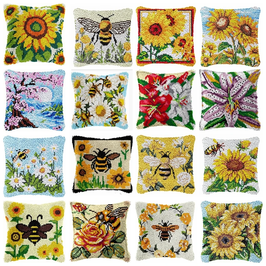 Almohada bordada de segmento 3D, artesanía de lana, Kits de alfombra con gancho de pestillo DIY, serie de girasoles y abejas, suministros de materiales para bordado de alfombras