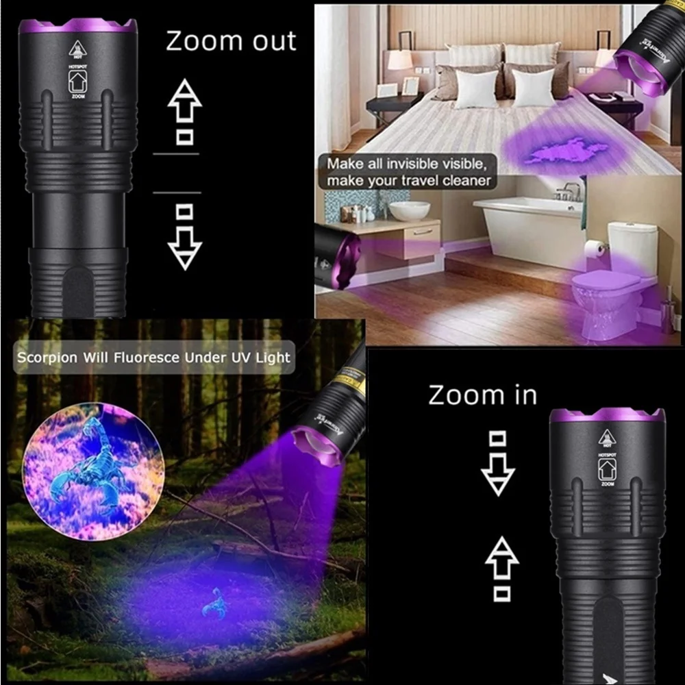 Alonefire Zoom 20W 365/395nm linterna UV de alta potencia marcador de tinta Invisible gato perro orina tiña mineral dinero luz de escorpión al aire libre - imagen 4