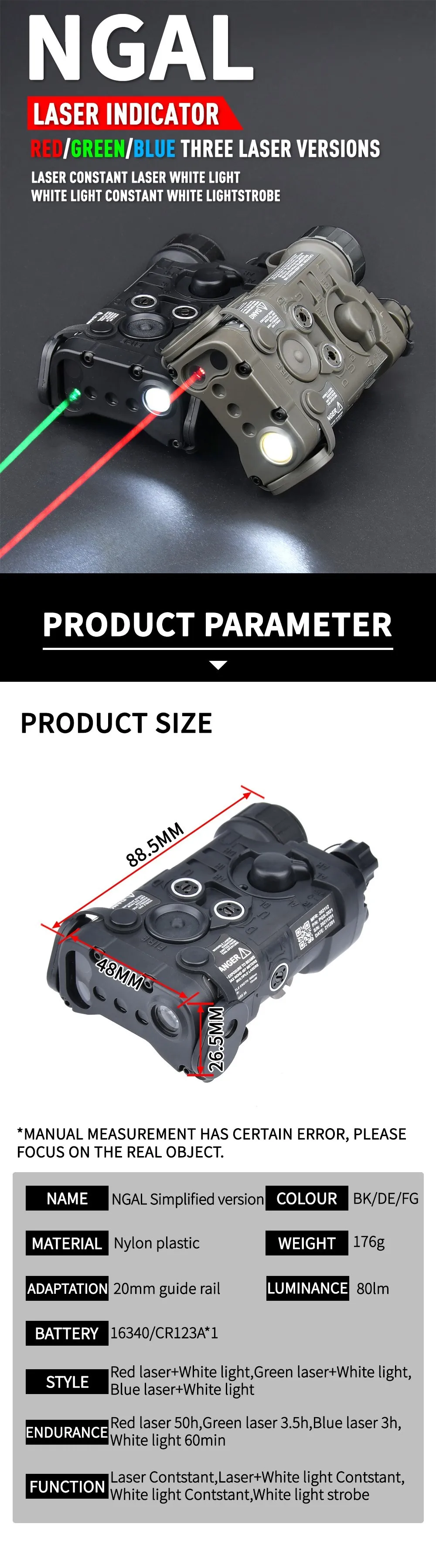 Una página de producto para un indicador láser con una tabla de tamaño de producto