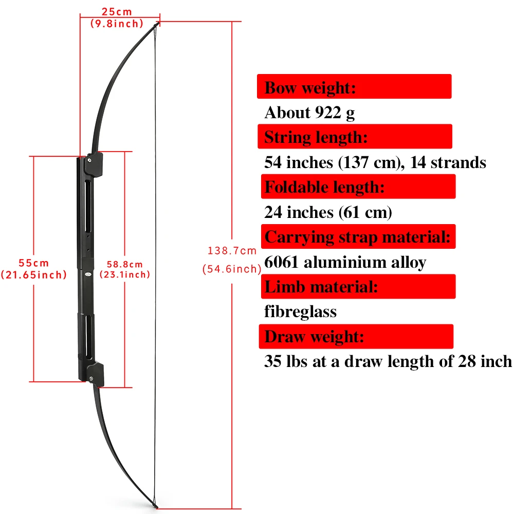 Arco recurvo de 58 "y 35 libras, mango de aluminio CNC, arco plegable para llevar, tiro con arco portátil de mano derecha, tiro de caza, arco recto - imagen 3