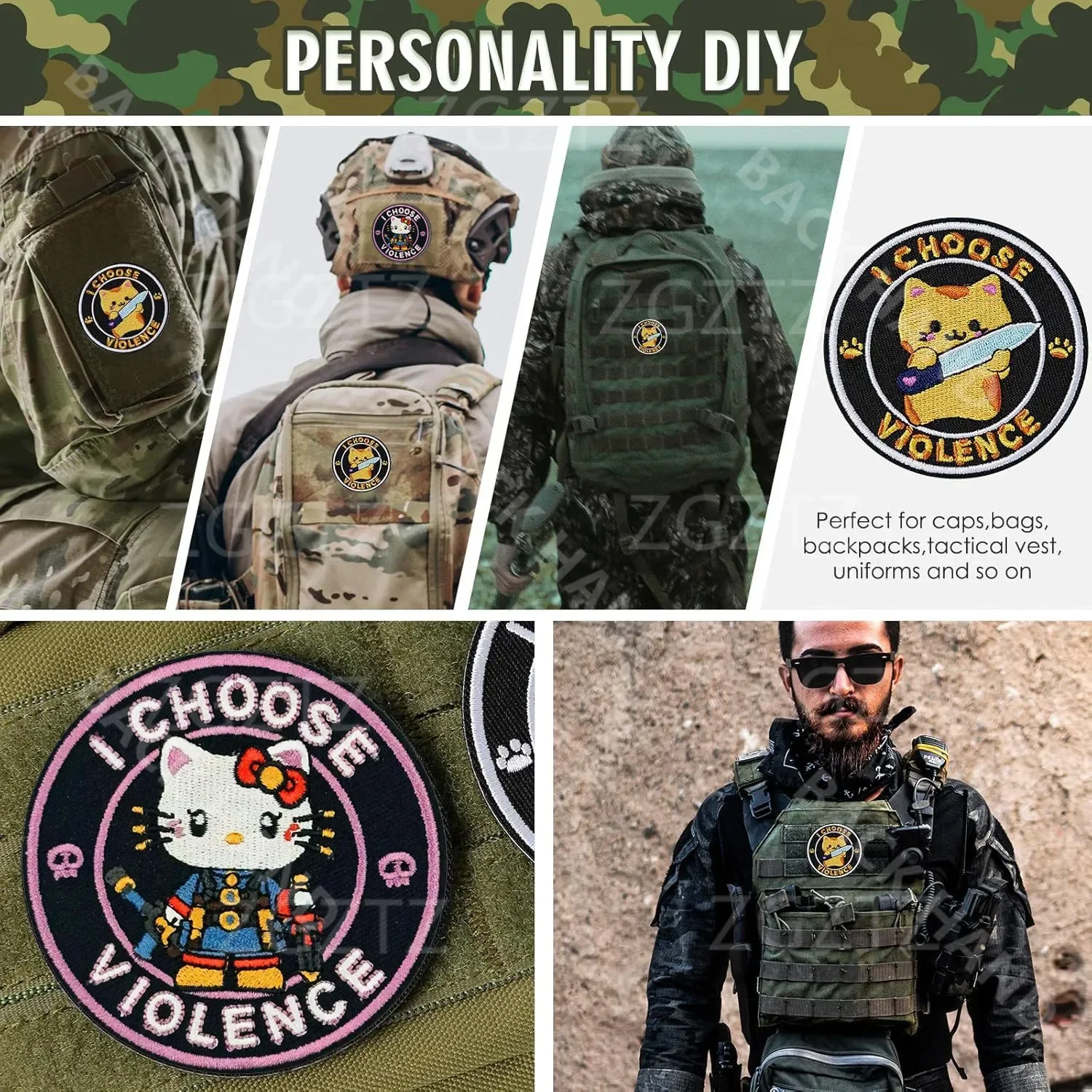 Elige la violencia, insignia de gato y pato táctico, brazalete mágico de ganso travieso bordado, parche para mochila de gallo grande con personalidad - imagen 5