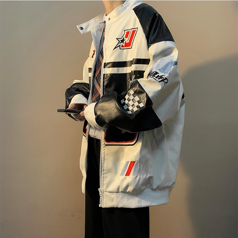 Chaqueta de motorista para hombre, abrigo de cuero para motocicleta, antiviento, con cremallera bordada, Top de otoño - imagen 5