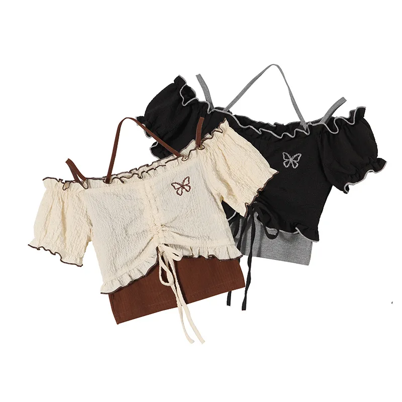 Camisetas sin mangas con hombros descubiertos para mujer, camiseta informal de dos piezas para mujer, Tops cortos sexys de manga corta con volantes - imagen 5