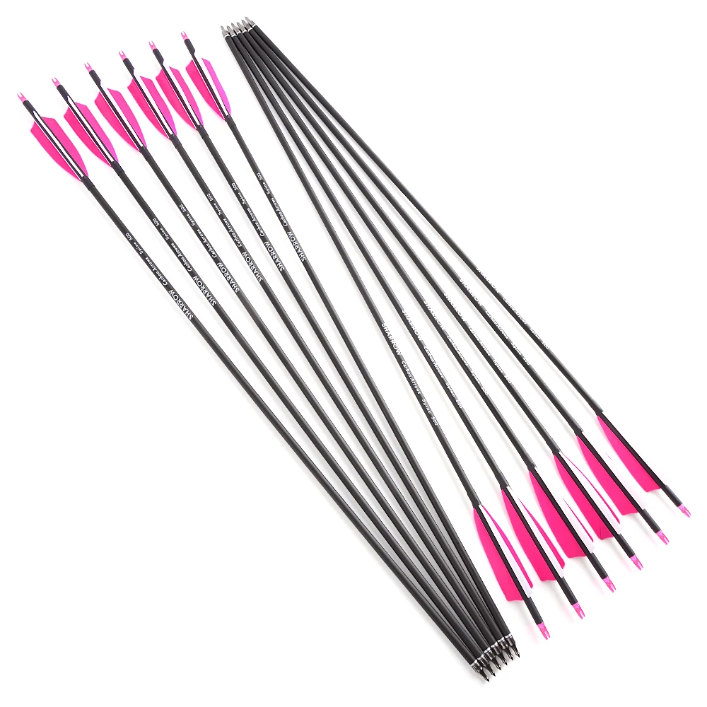 12 Uds. Columna de tiro con arco de 31,6 pulgadas 500 mezcla de flechas de carbono 4 pulgadas pluma de pavo colorida puntas de flecha de 100 granos para tiro con arco - imagen 5