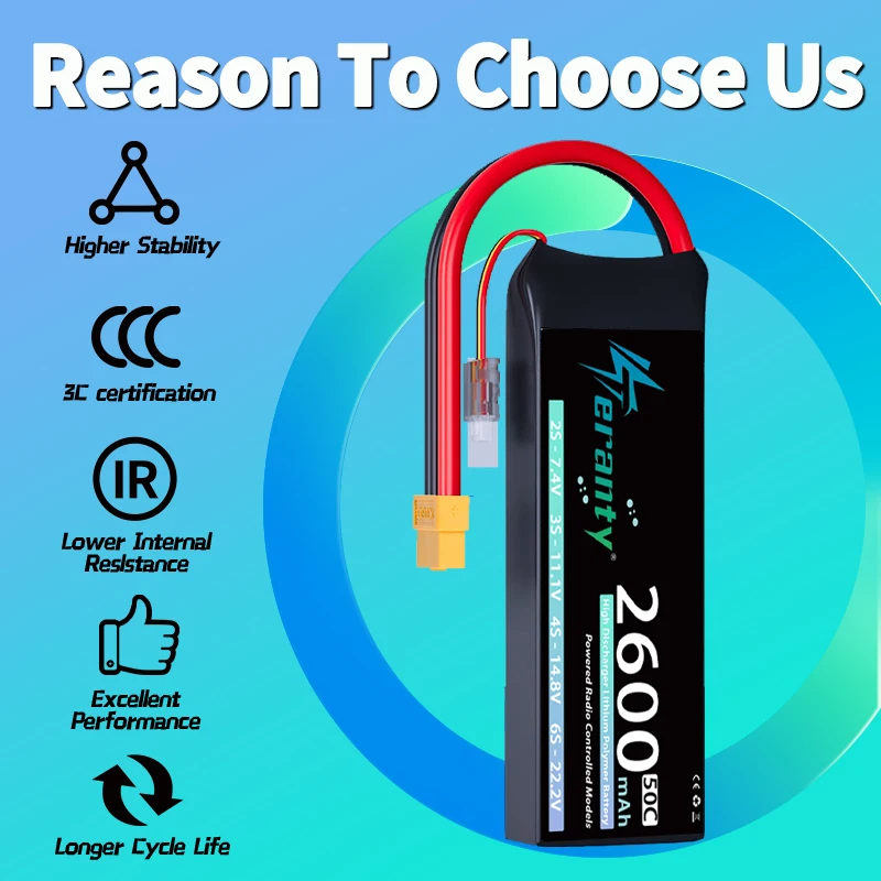 1/2 Uds Teranty 2S 7,4 V 2600mAh 50C/100C batería Lipo con conector T XT60 para Dron FPV helicóptero RC coche camión barco avión - imagen 5