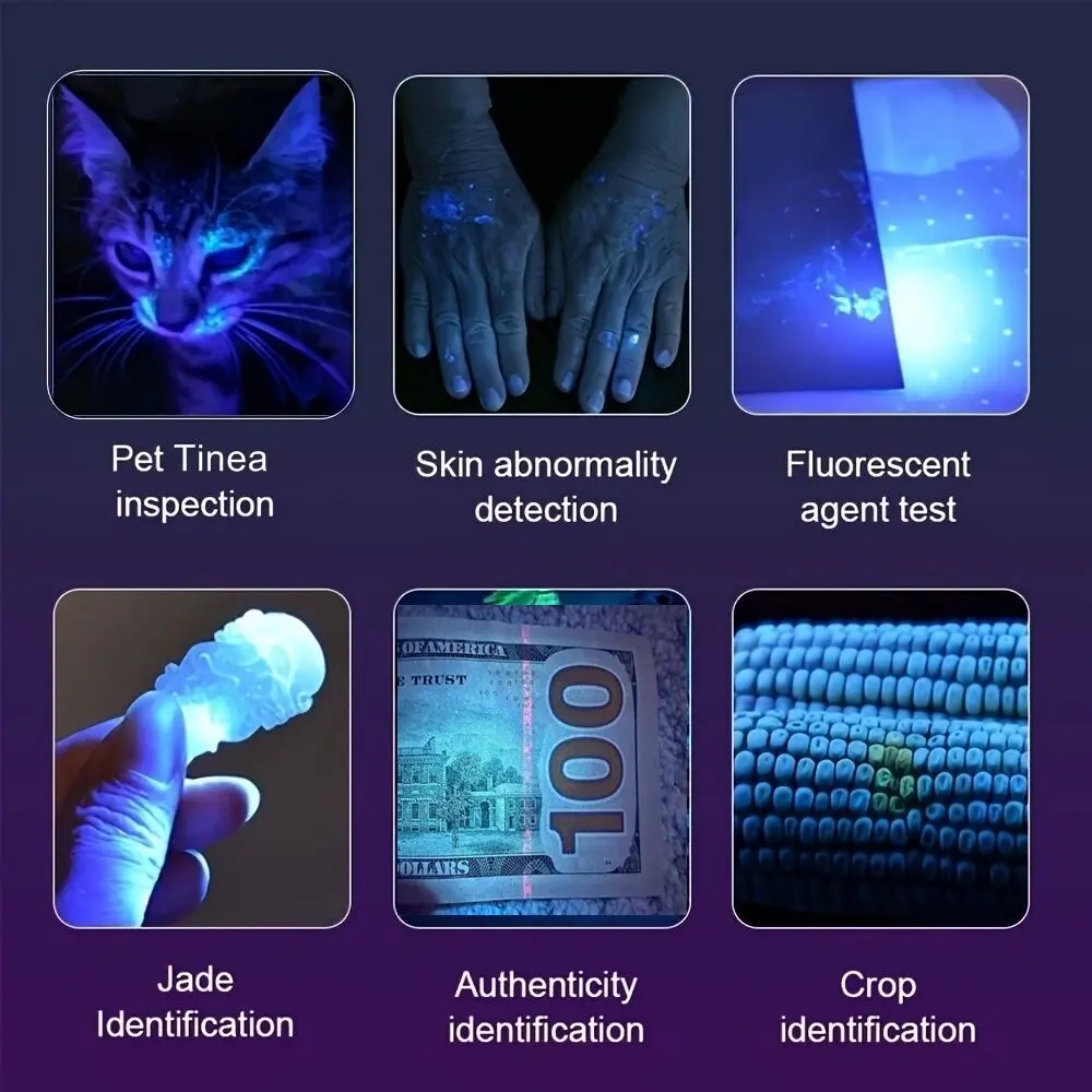 Linterna UV con Zoom de 365/395nm, linterna de curado adhesivo ultravioleta recargable por USB, marcador de tiña de orina para perros y gatos, luz de mineral de dinero - imagen 3