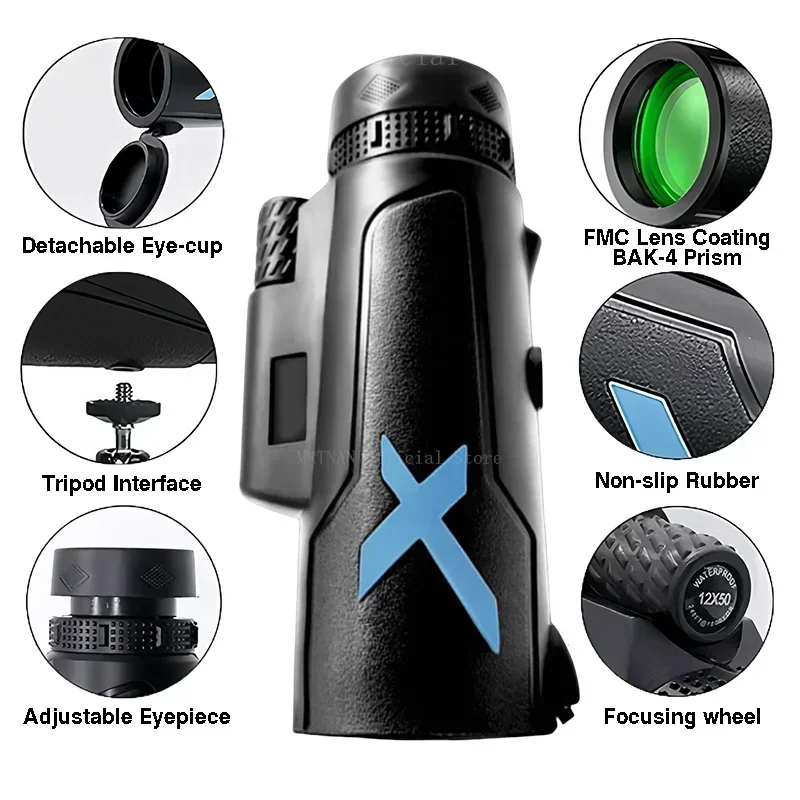 Potente telescopio Monocular con Zoom HD de 12x50, binoculares portátiles, telescopio de largo alcance para caza y Camping con trípode y Clip para teléfono - imagen 4