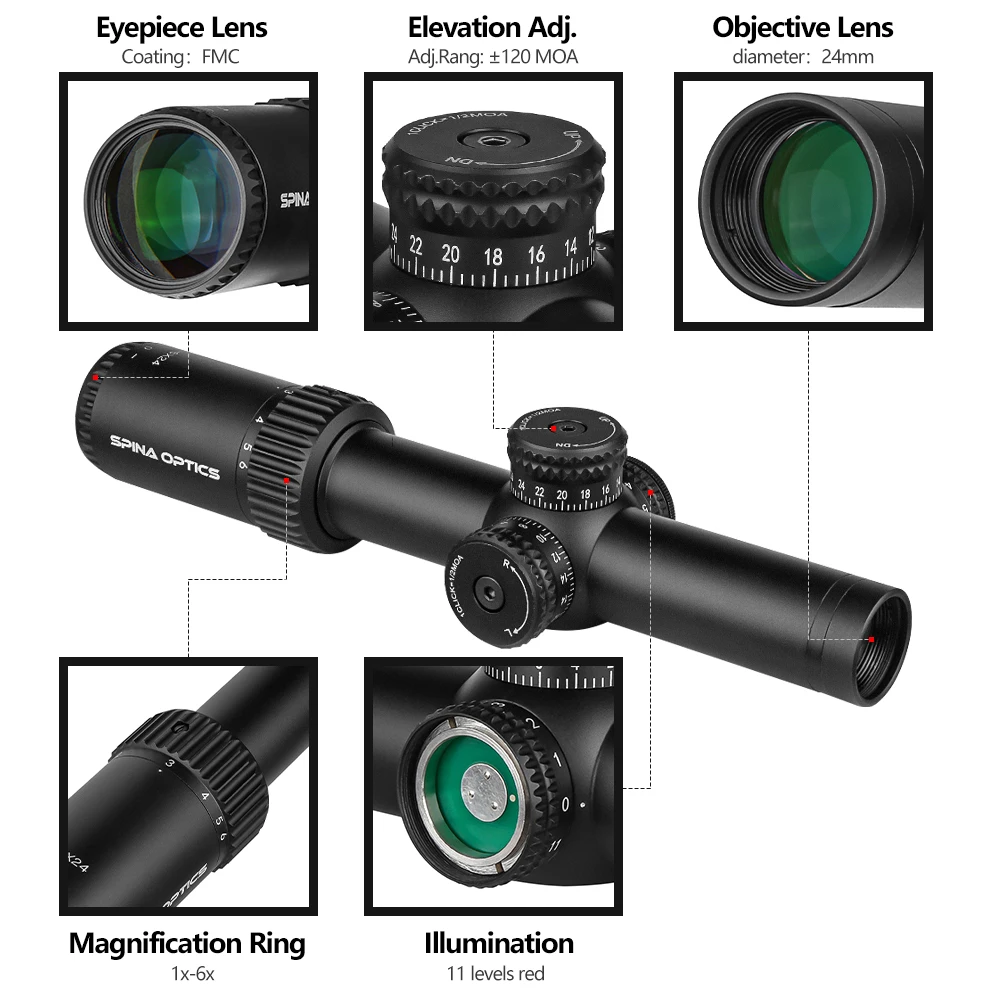 SPINA Optics-mira compacta para Rifle Real, mira telescópica de cristal grabado con retícula roja iluminada, 1-6x24 - imagen 3