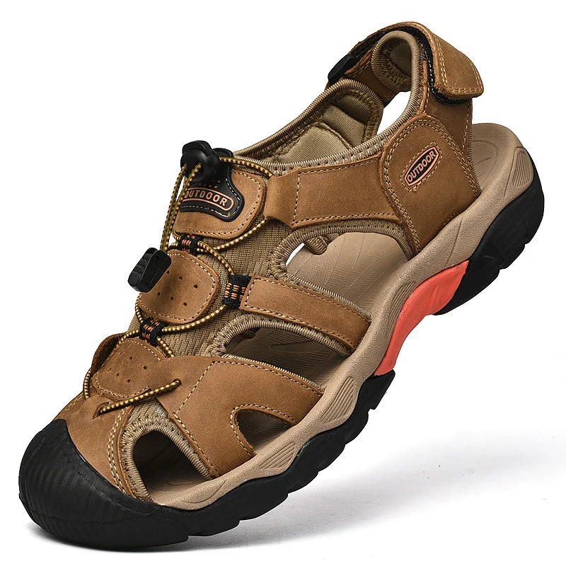 HIKEUP-sandalias de verano para hombre, zapatos de senderismo para exteriores, transpirables, antideslizantes, con capa superior de piel de vaca, con punta protectora, novedad - imagen 5