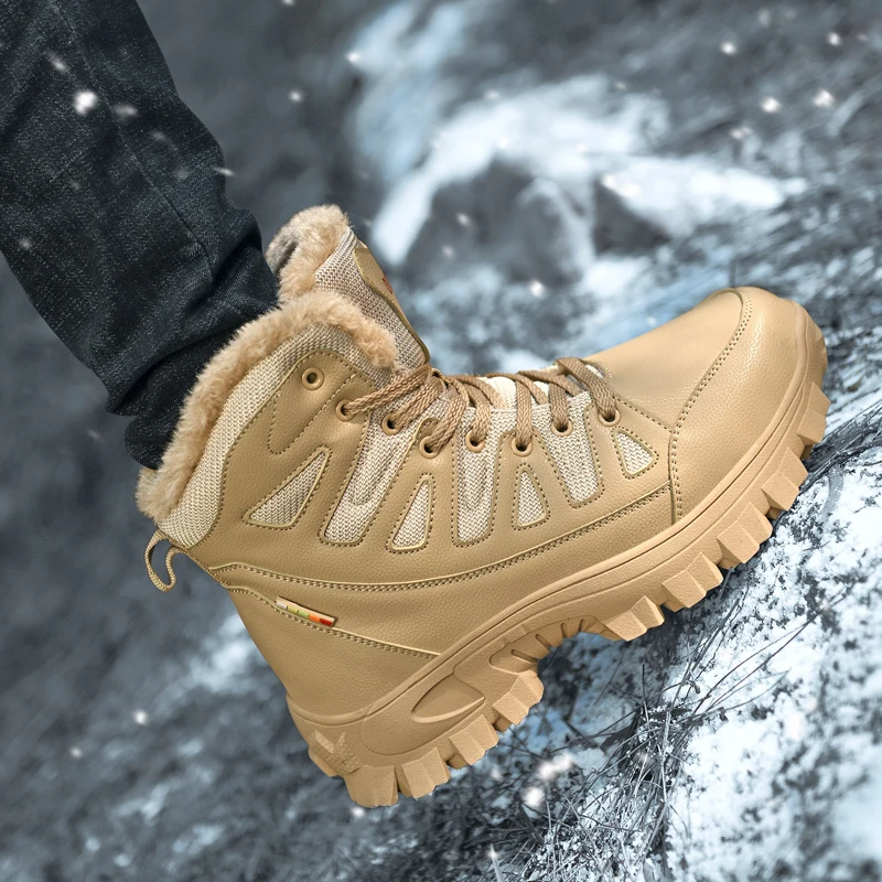 HIKEUP-zapatos de senderismo al aire libre para hombre, botas de nieve militares, de algodón, acolchadas, cálidas, tácticas, de cuero genuino, talla grande - imagen 5