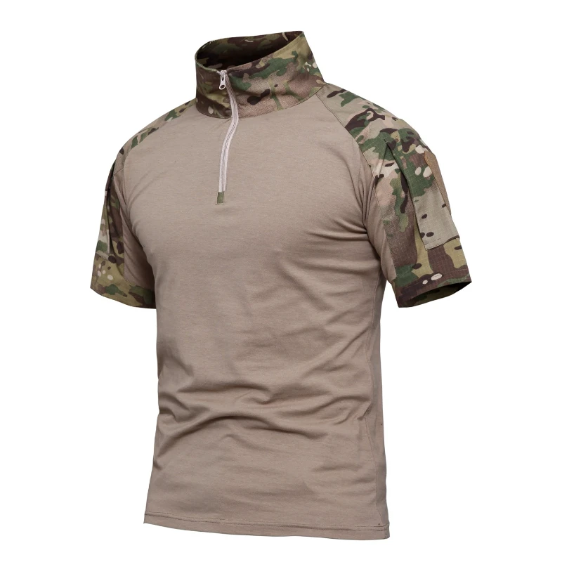 Camisa de manga corta de combate para hombre al aire libre, camisas tácticas de algodón Ripstop con cremallera 1/4, camiseta de camuflaje del ejército de verano, ropa para hombre - imagen 2
