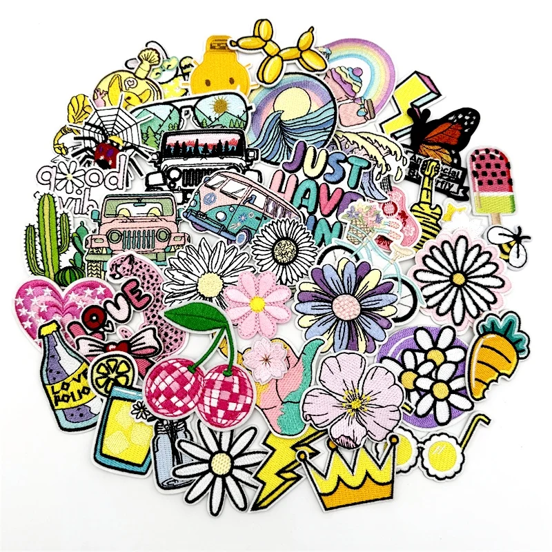 45 unids/lote, parches bordados de flores aleatorios, parches de aventura para planchar, apliques para ropa, parches de rayas DIY, pegatinas - imagen 3
