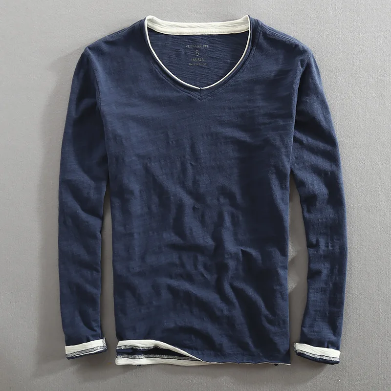 Camiseta manga larga táctica hombre algodón cuello V vintage