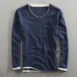 Camiseta manga larga táctica hombre algodón cuello V vintage