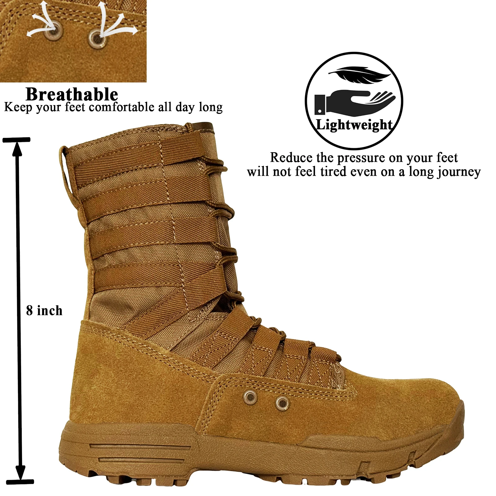 LAHORS ® Bota de combate táctica de cuero ligero para hombre, calzado militar para senderismo al aire libre, desierto, transpirable, hecho por el hombre - imagen 3