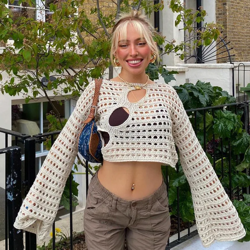 Tops cortos de punto para mujer, camiseta de manga larga ahuecada Y2K, camisa holgada Vintage para mujer, jerséis Casuales - imagen 4