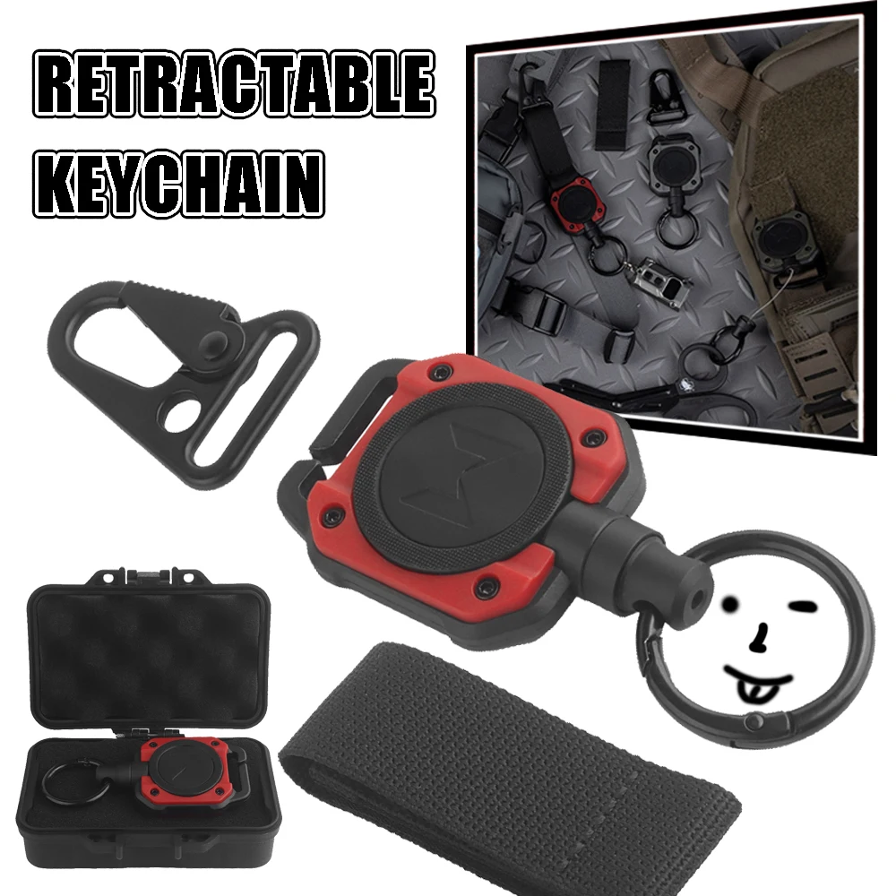 Llavero retráctil antipérdida, carrete de tarjeta de identificación táctica con cordón de acero recubierto de 28 pulgadas, equipo táctico Molle, herramientas de pesca