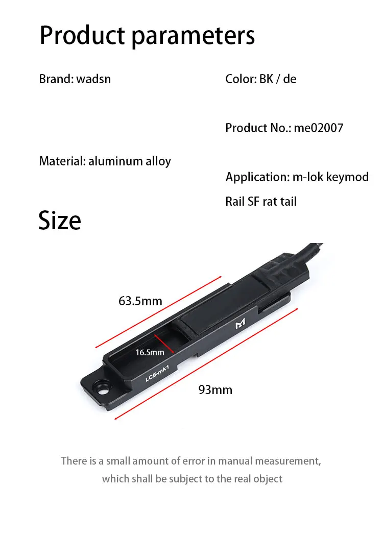 Una página de parámetro de producto para un elemento negro